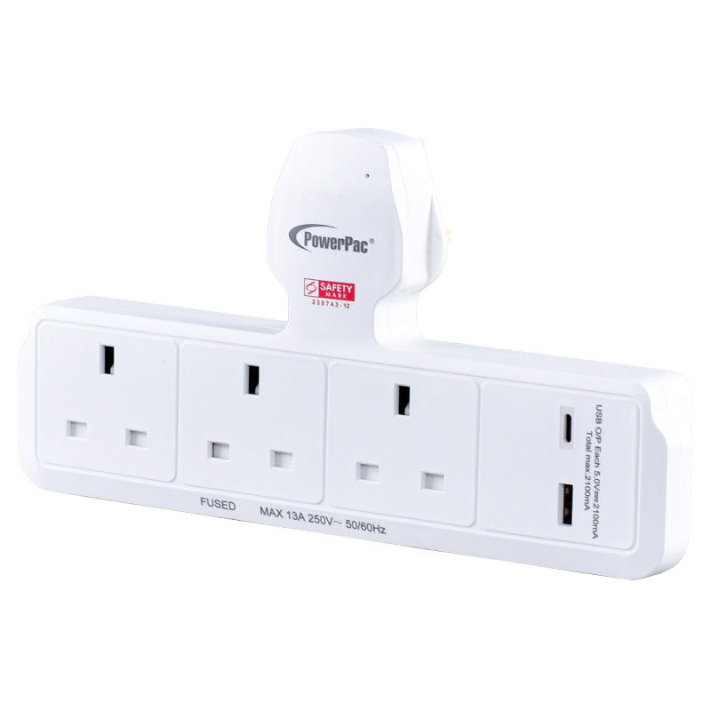 Multi Plug Extension Adapter with 3 Way, USB-A, USB-C, Power Extension Socket Adaptor (PP299U)