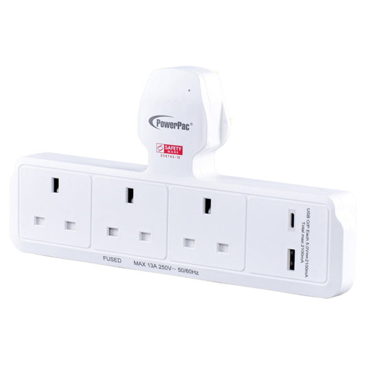 Multi Plug Extension Adapter with 3 Way, USB-A, USB-C, Power Extension Socket Adaptor (PP299U)