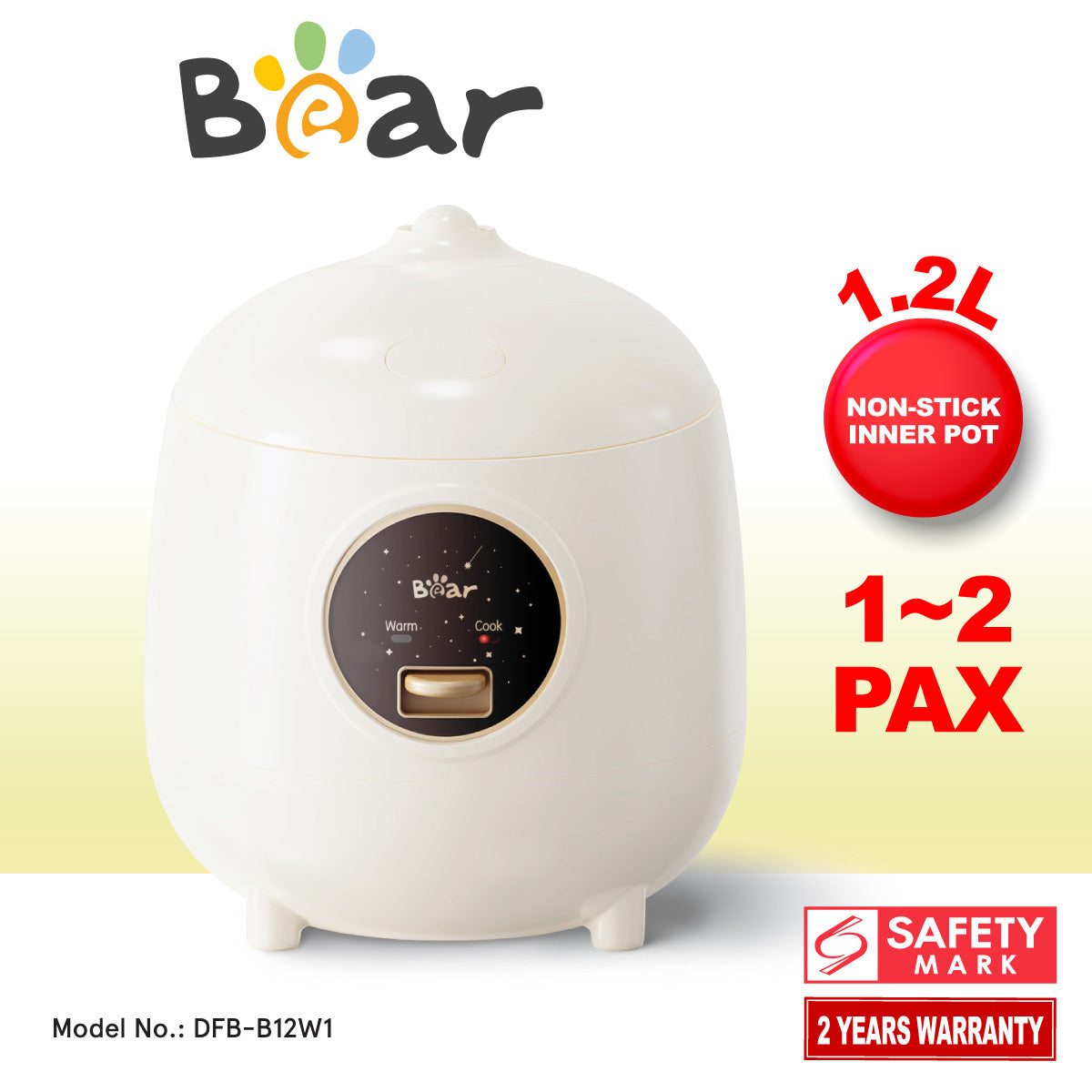 BEAR 1.2L Rice Cooker, Mini Rice Cooker with non-stick Inner Pot, Compact & Portable (DFB-B12W1)