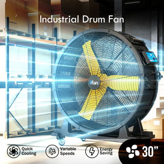 iFan 30” Big Industrial Drum Fan - Powerful, Energy-Saving Permanent Magnet Motor, 3 Blades, Portable, Wheels (IF3022)