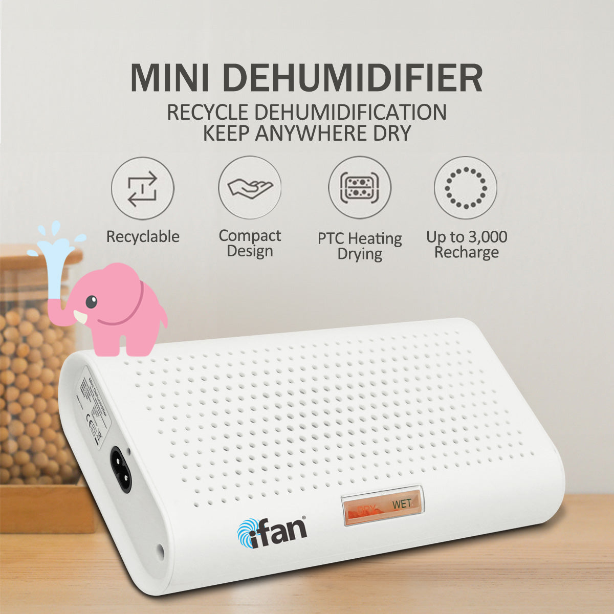 iFan Thirsty Hippo Dehumidifier, Dehumidifier, Rechargeable Moisture Absorber | Reusable (IF3251)
