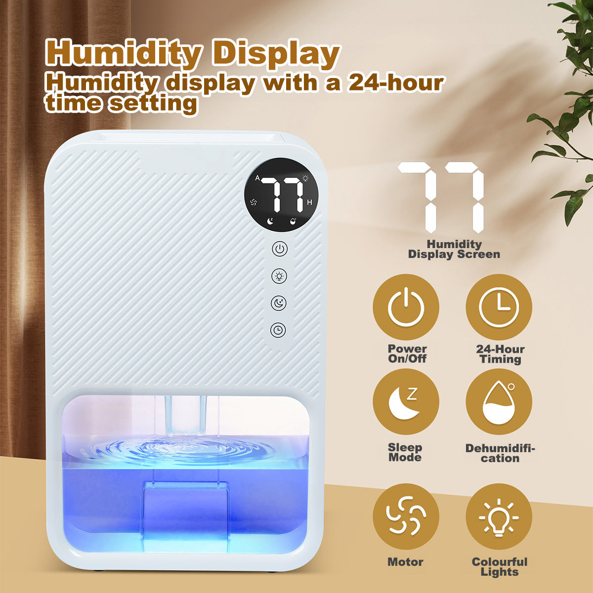 iFan 1.1L Electric Mini Dehumidifier Thirsty Hippo – Full Tank Auto OFF, Humidity Display, 7 LED, Timer, quiet, white, IF3252