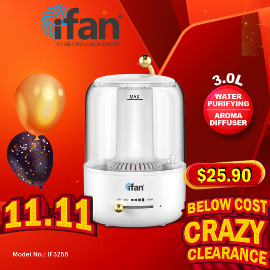 iFan 3L Humidifier Crystal Clear Diffuser Ultrasonic Mist Humidifier Essential Oil Silent Aromatherapy Diffuser (IF3258)