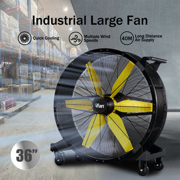iFan 36” Big Industrial Drum Fan - Powerful, Direct-drive Motor, 6 Blades, Portable, Wheels (IF3622)
