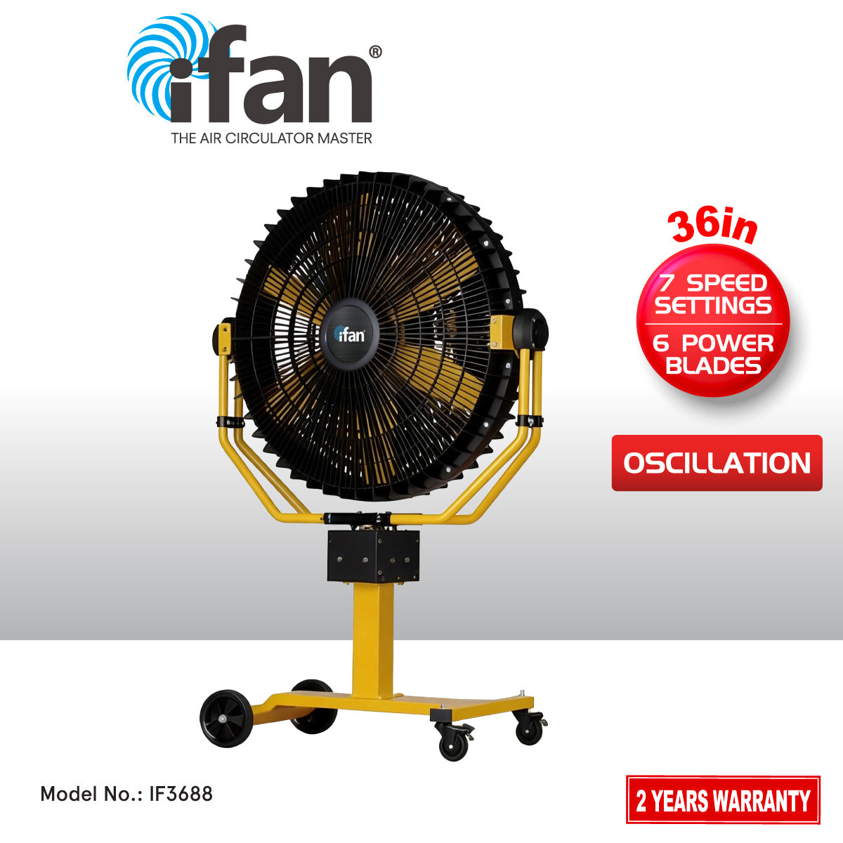 iFan 36” Big Industrial Drum Fan with Oscillation - Powerful, Direct-drive Motor, 6 Blades, Portable, Wheels, IF3688