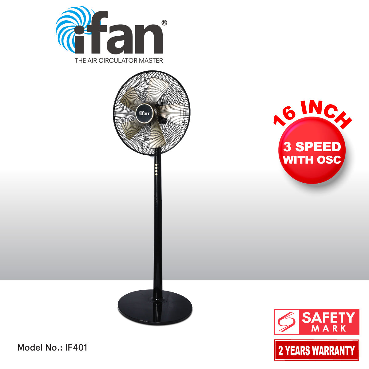 iFan 16" Stand Fan – 5 Blades, Turbo Fan, Vortex Airflow, Adjustable Tilt, Oscillation, Energy-saving, 3-Speed, black, IF401