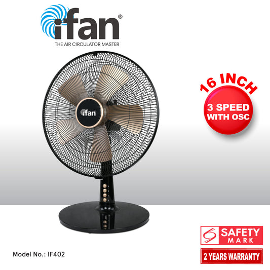 iFan 16" Desk Fan – 5 Blades, Turbo Fan, Adjustable Tilt, Oscillation, 3-Speed, black, IF402