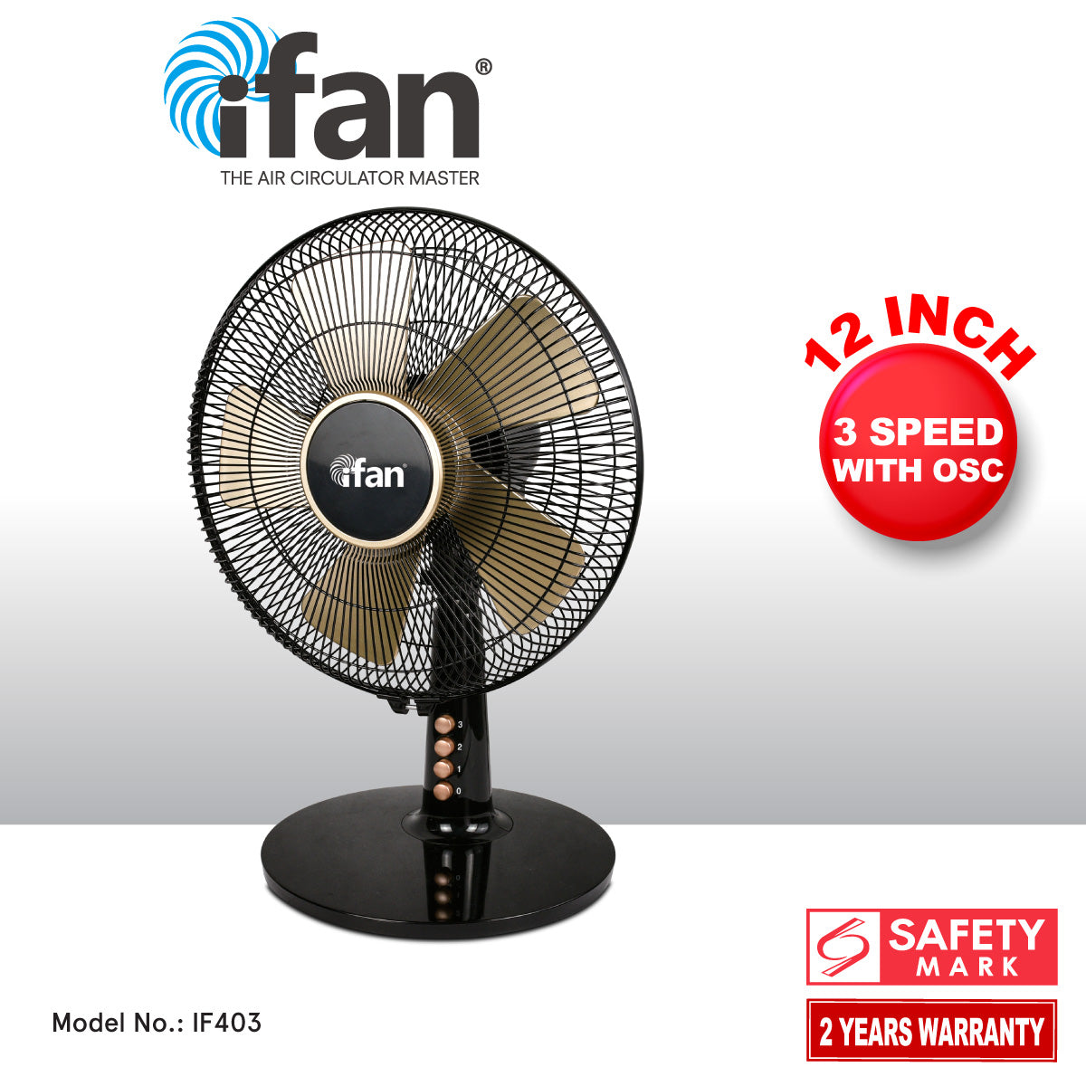 iFan 12” Desk Fan – 5 Blades, Turbo Fan, Vortex Airflow, Adjustable Tilt, Oscillation, Energy-saving, 3-Speed, black, IF403