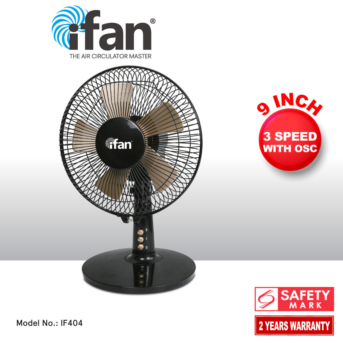 iFan 9” Desk Fan – 5 Blades, Turbo Fan, Vortex Airflow, Adjustable Tilt, Oscillation, Energy-saving, 2-Speed, black, IF404