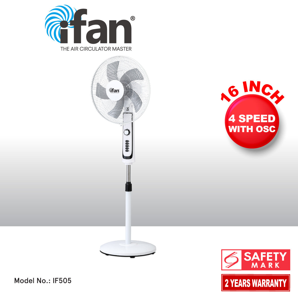 iFan 16" Stand Fan – Powerful Air Circulator, Adjustable Tilt & Height, Oscillation, Timer, Thermal Protection, 4-Speed, white, IF505