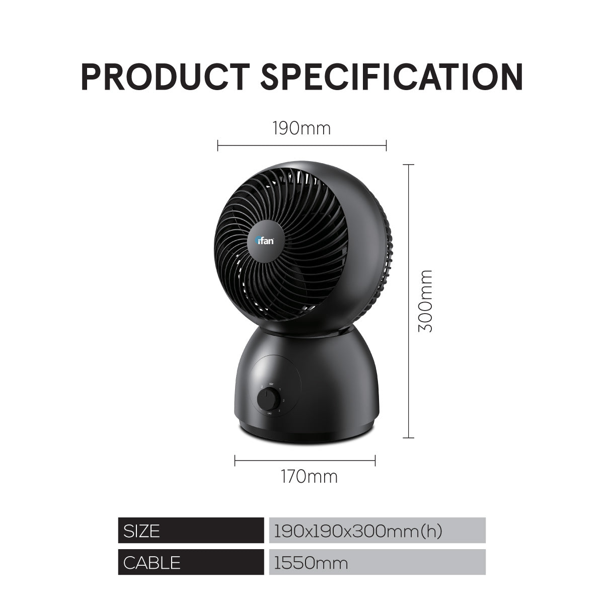 iFan 8" Air Circulator Fan with Oscillation – 3 Speed, Silent, Powerful, Portable, IF7403