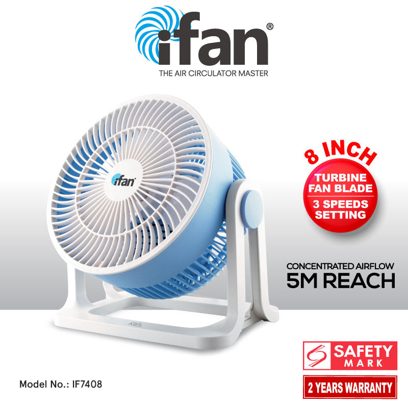 iFAN 8" Air Circulator Fan – 3 Speed, Turbo Airflow, 90° Adjustable Tilt, Overheat Protection, Compact & Lightweight Design, IF7408