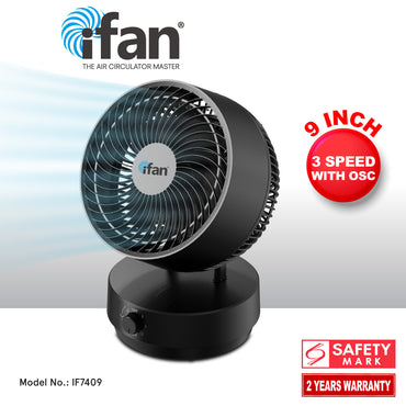 iFan 9" Air Circulator Fan – Concentrated Airflow, Desk Fan, Adjustable Tilt, Oscillation, Portable, Silent, 3-Speed, black, IF7409
