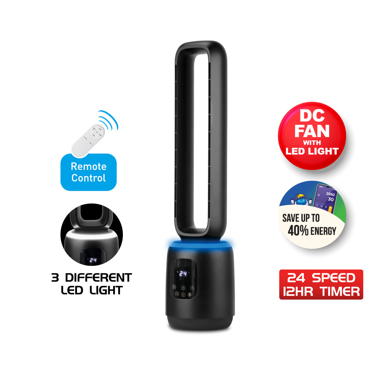 iFan DC Bladeless Fan, Standing Fan, DC Motor Tower Fan with 24 Speed, Oscillation, LED Lighting & Remote Control (IF7463)
