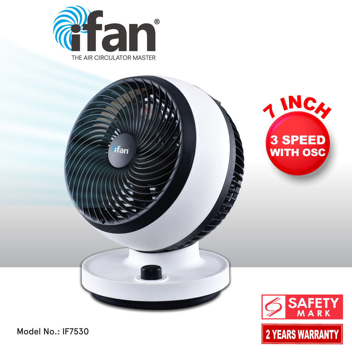 iFan 7" Air Circulator Turbofan - 3 Speeds, Oscillation, 90° vertical angle adjustable, Power Fan, Desk Fan, Portable Fan, IF7530