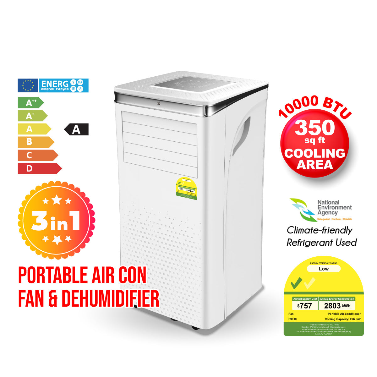 iFan 3IN1 Portable Aircon 10000 BTU Portable Air Conditioner / Fan / Dehumidifier Cools up to 350 sq. ft. (IF9010)