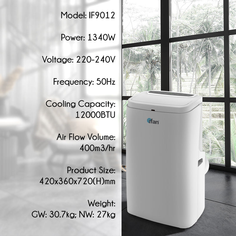 iFan Portable Aircon - 3in1 Portable Air Conditioner / Fan / Dehumidifier, Remote Control, 12000 BTU, cools 550 sq feet, white, IF9012