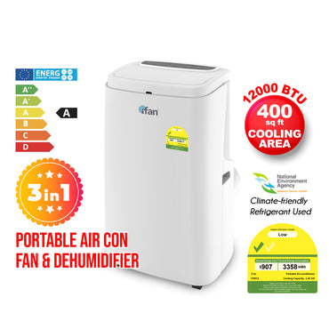 iFan Portable Aircon - 3in1 Portable Air Conditioner / Fan / Dehumidifier, Remote Control, 12000 BTU, cools 550 sq feet, white, IF9012