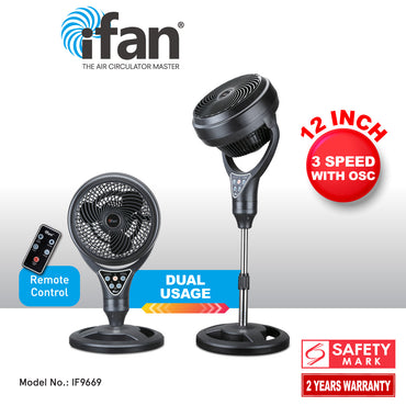 iFan 12" Stand & Table Fan – Remote Control, Vortex Air Circulator, Adjustable Height, Oscillation, Timer, Ionizer, 3-Speed, black, IF9669