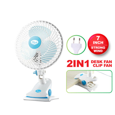 MyChoice 7" Clip/Table/Wall Fan – Detachable Base, Strong Airflow, Adjustable Tilt, Portable, Durable, 2-Speed, white & blue, MC202A