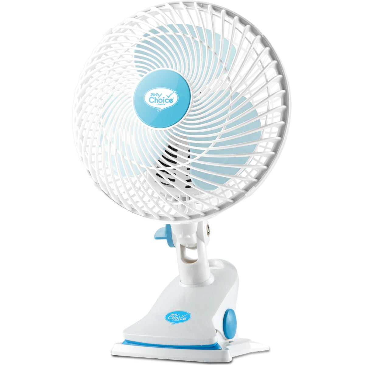 MyChoice 7" Clip/Table/Wall Fan – Detachable Base, Strong Airflow, Adjustable Tilt, Portable, Durable, 2-Speed, white & blue, MC202A