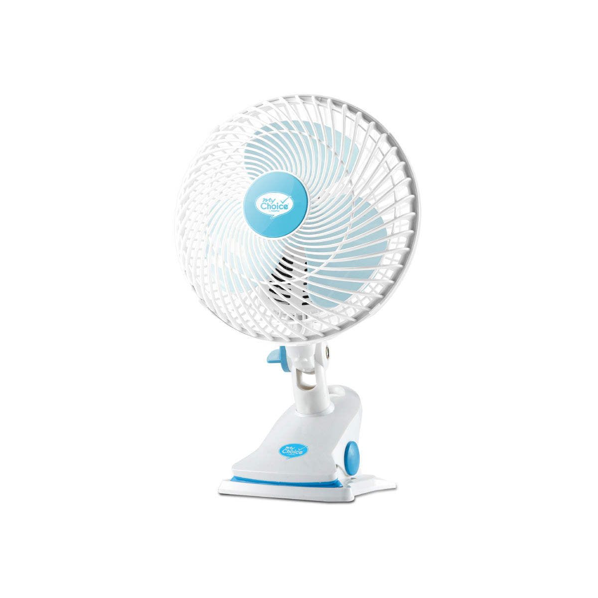 MyChoice 7" Clip/Table/Wall Fan – Detachable Base, Strong Airflow, Adjustable Tilt, Portable, Durable, 2-Speed, white & blue, MC202A