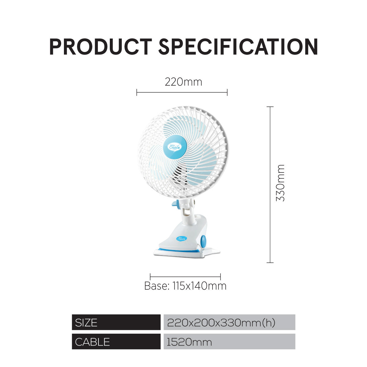 MyChoice 7" Clip/Table/Wall Fan – Detachable Base, Strong Airflow, Adjustable Tilt, Portable, Durable, 2-Speed, white & blue, MC202A