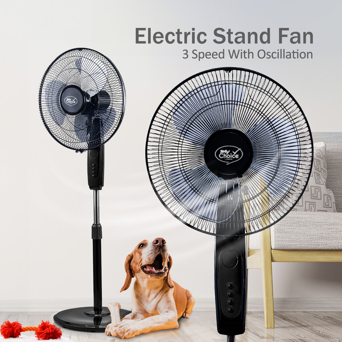 MyChoice 16" Stand Fan – Adjustable Tilt & Height, Oscillation, Powerful, Sturdy, Quiet, Energy-efficient, 3-Speed, black, MC40