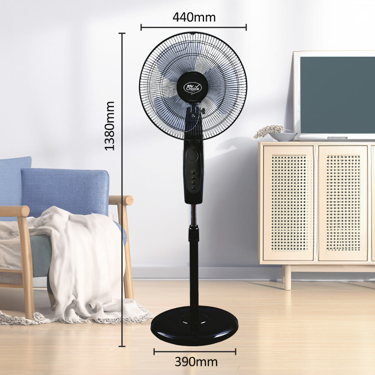 MyChoice 16" Stand Fan – Adjustable Tilt & Height, Oscillation, Powerful, Sturdy, Quiet, Energy-efficient, 3-Speed, black, MC40