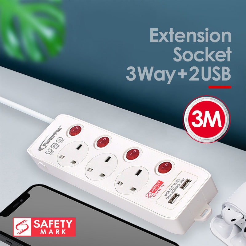 Extension Cord, Extension Socket, Power Cord 3 Meter 3 way with Dual USB Charger (PP133U)
