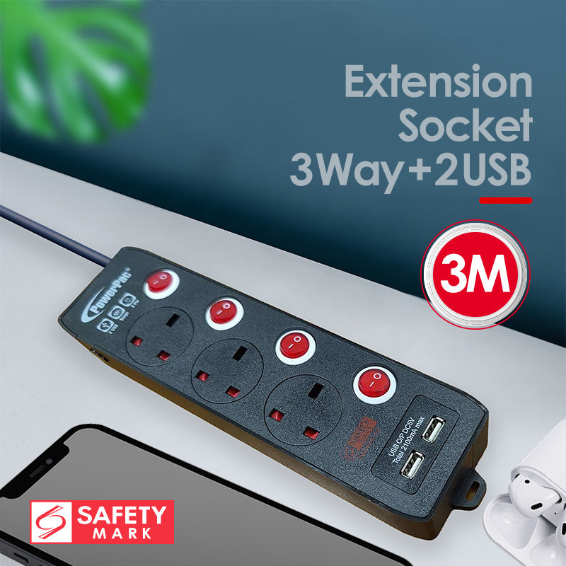 Extension Cord, Extension Socket, Power Cord 3 Meter 3 way with Dual USB Charger (PP133UBK)