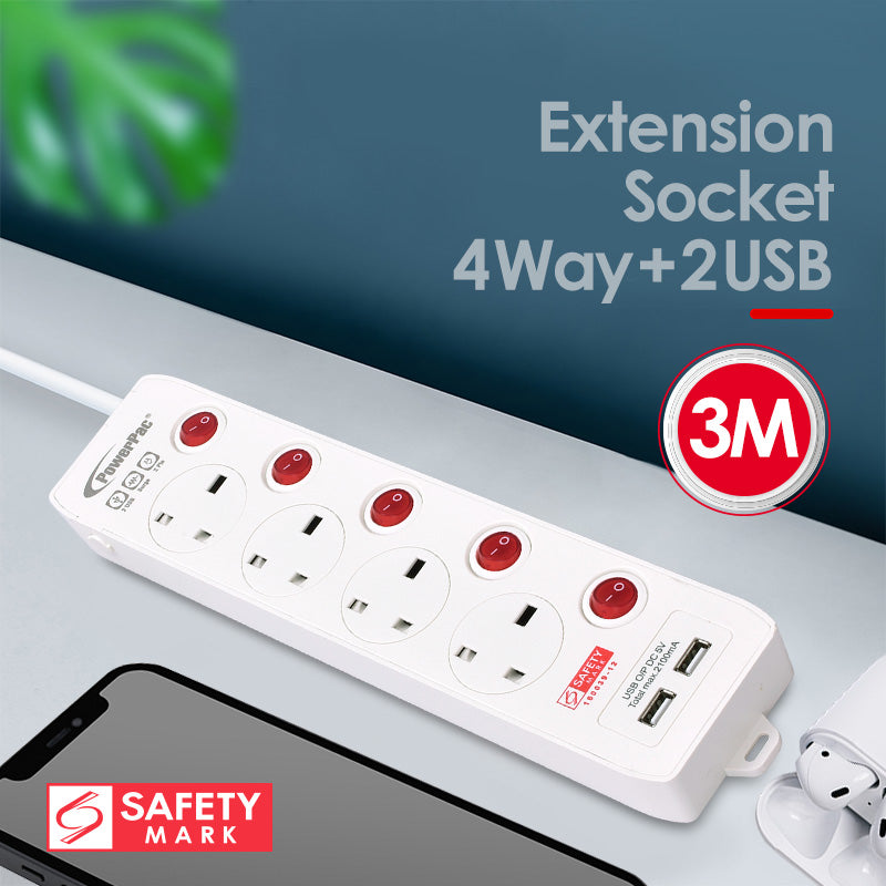 Extension Cord, Extension Socket, Power Cord 3 Meter 4 way with Dual USB Charger (PP134U)