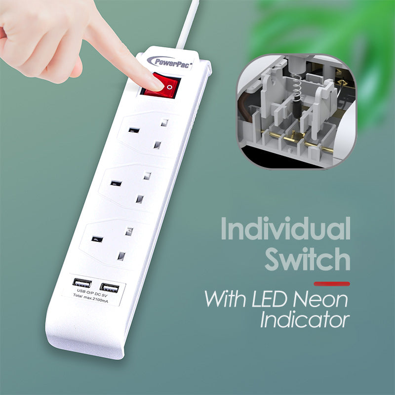 Extension Cord, Extension Socket, Power Cord with 2x USB charger 3 way 3M (PP233U)