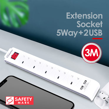 Extension Cord, Extension Socket, Power Cord 3 Metre 5 way with 2x USB charger (PP235U)
