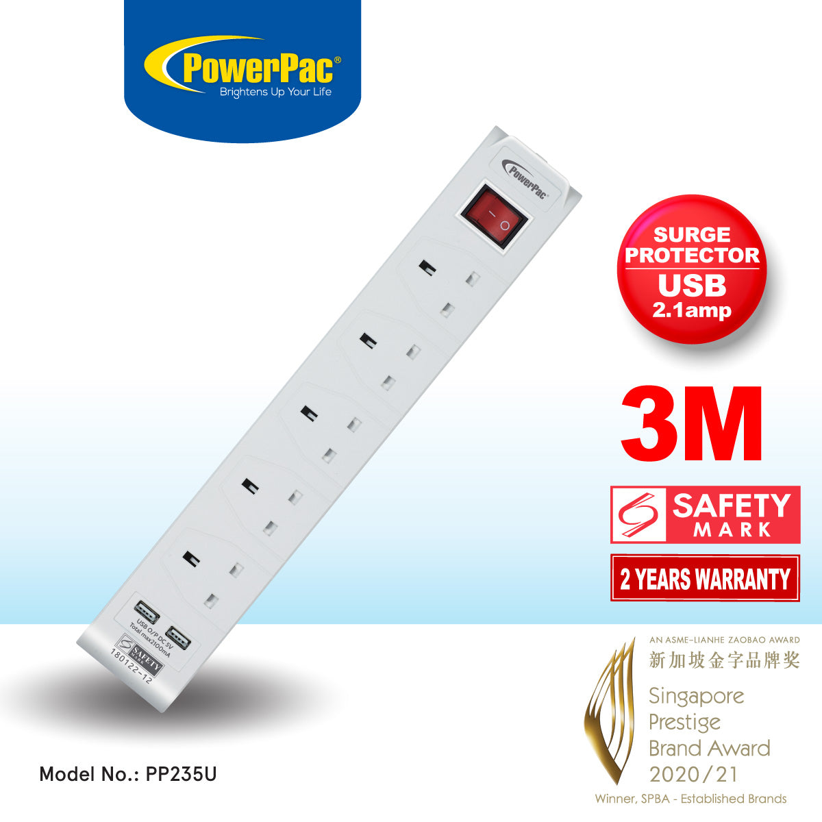 Extension Cord, Extension Socket, Power with USB Charger 5 way 3M (PP235U)