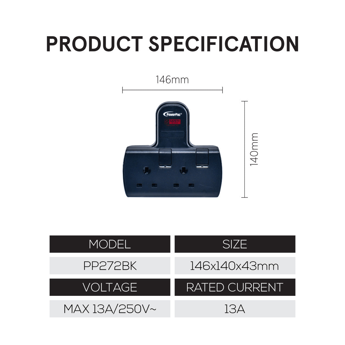 Multi Plug Extension Adapter with 2 Way adapter, 2 Way Socket Adaptor (PP272BK)