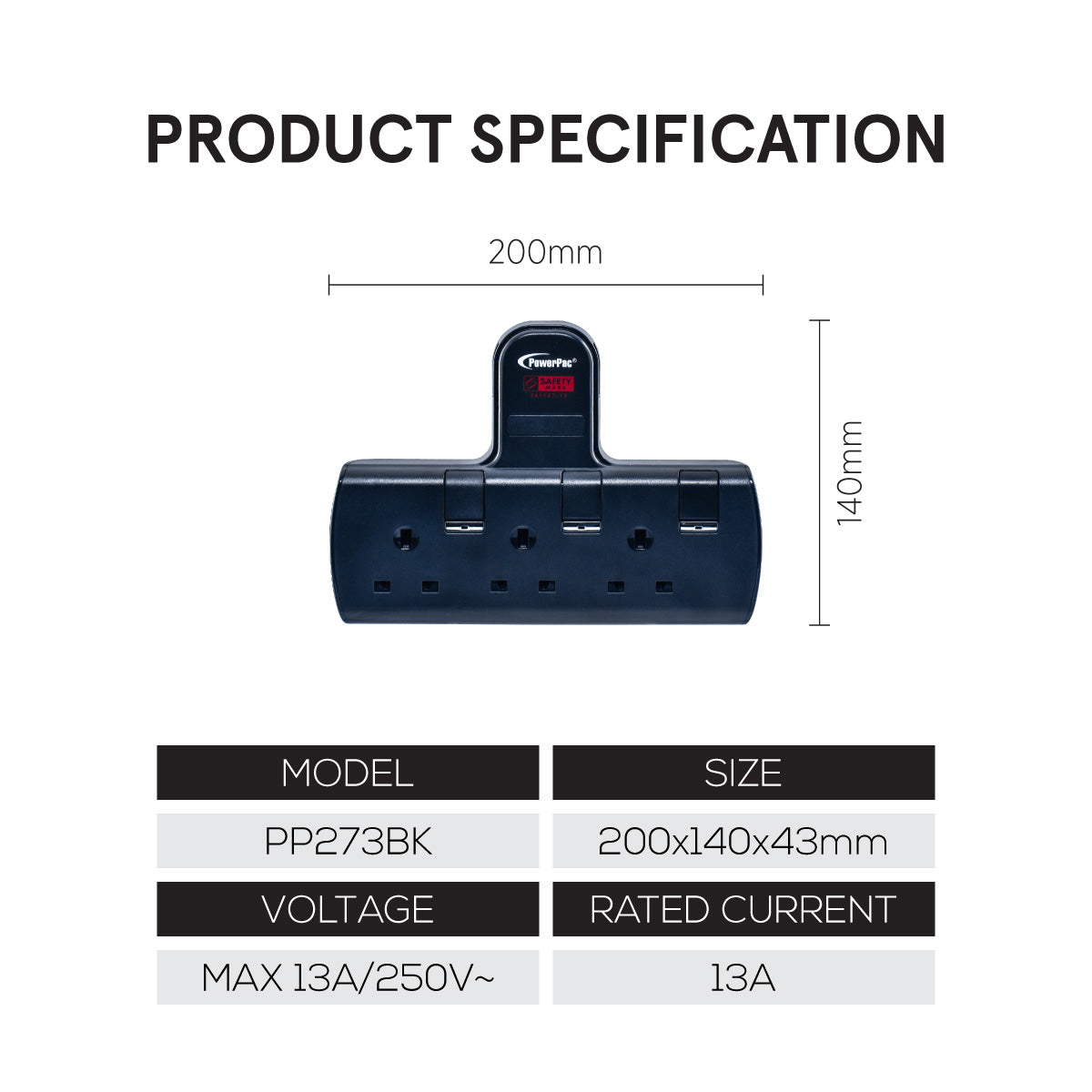 Multi Plug Extension Adapter with 3 Way adapter, 3 way Socket Adaptor (PP273BK)