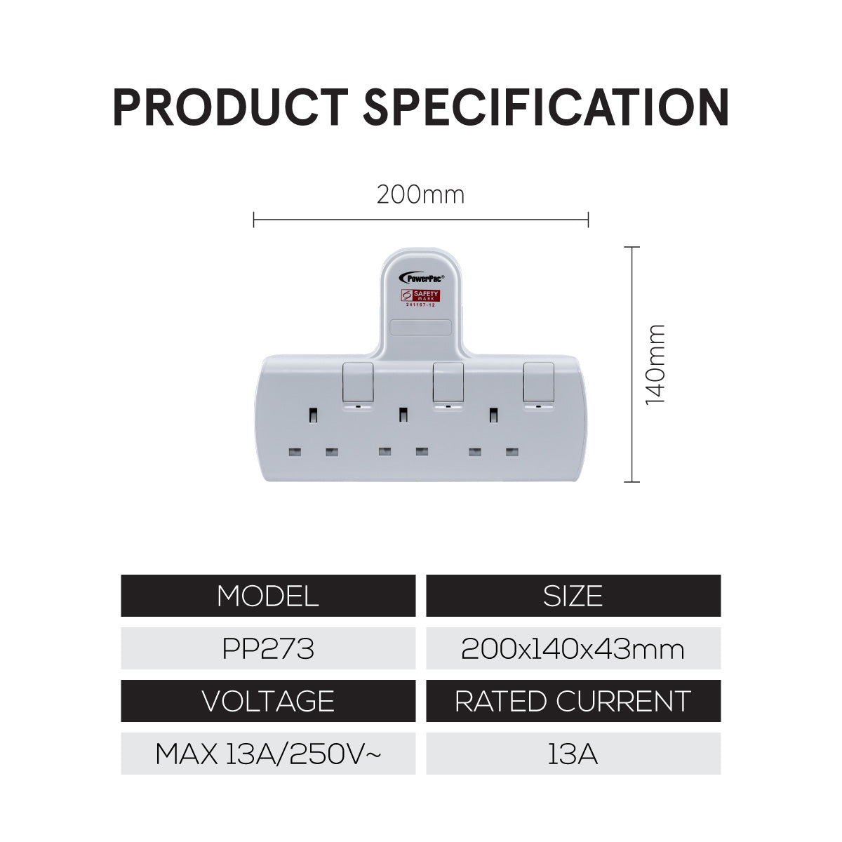 Multi Plug Extension Adapter with 3 Way adapter, 3 way Socket Adaptor (PP273)
