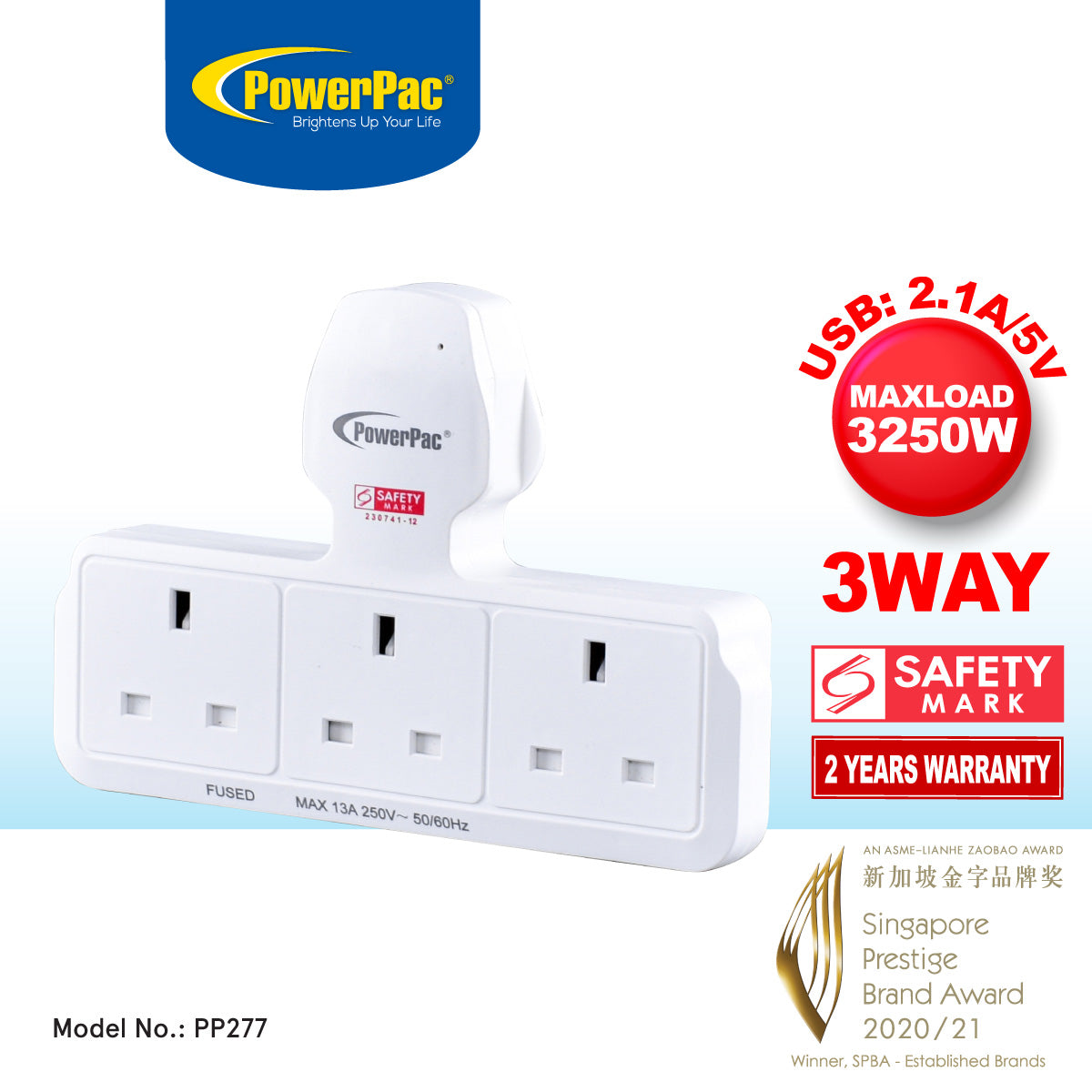 Multi Plug Extension Adapter with 3 Way, Power Extension Socket Adaptor (PP277)
