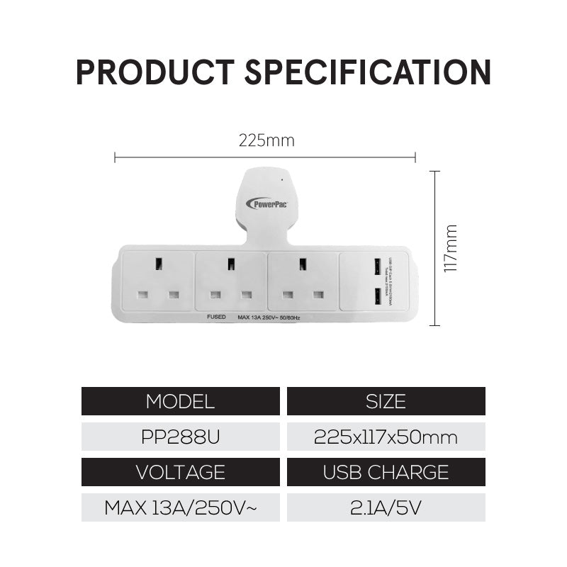3 Way Adapter for 3 Pin Plug with USB Charger, 2x USB A, (PP288U)