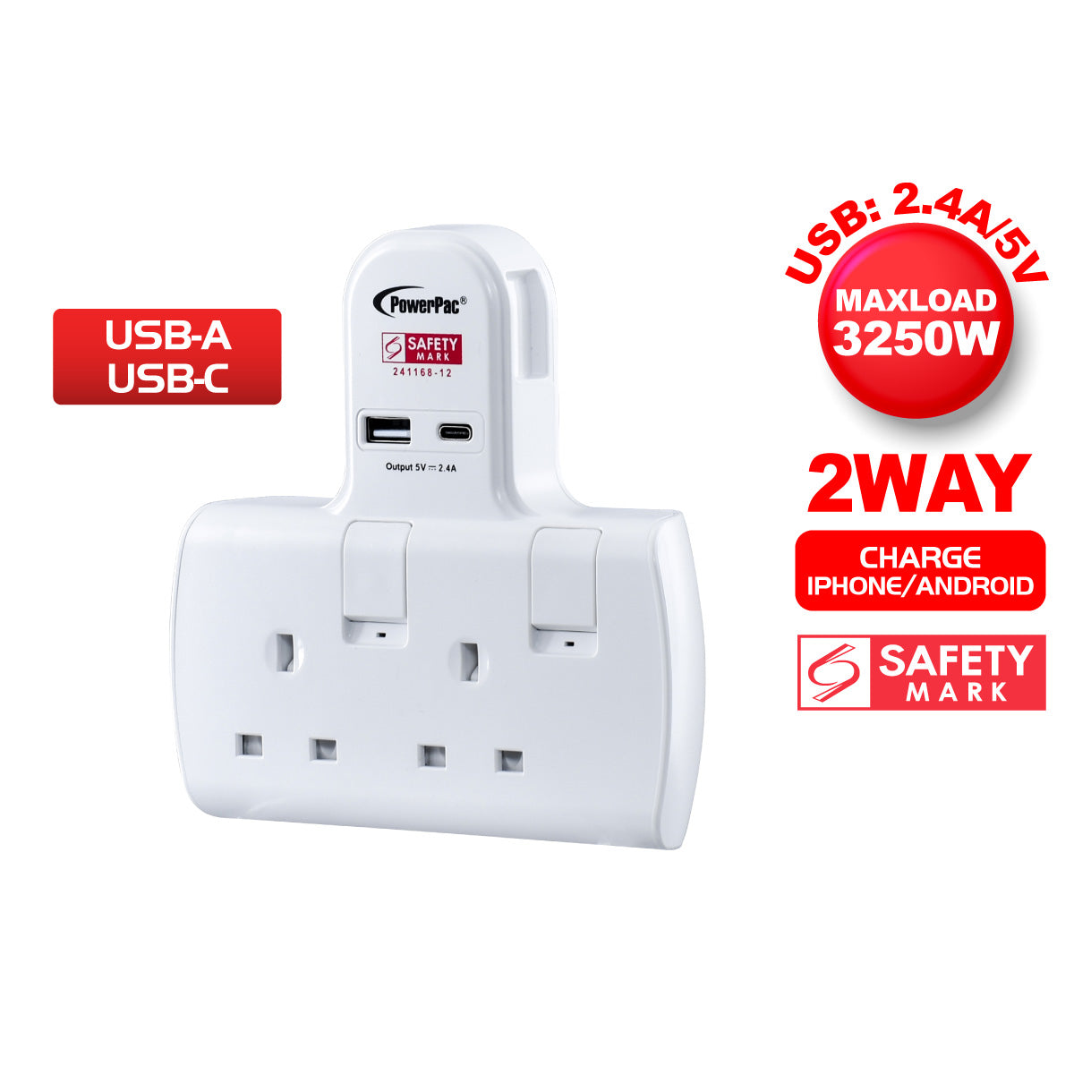 Multi Plug Extension Adapter with 2 Way adapter, USB-A, USB-C, 2 Way Socket Adaptor (PP292U)