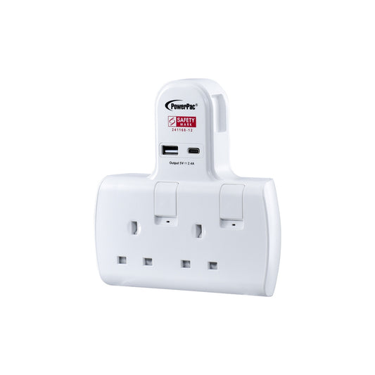 Multi Plug Extension Adapter with 2 Way adapter, USB-A, USB-C, 2 Way Socket Adaptor (PP292U)