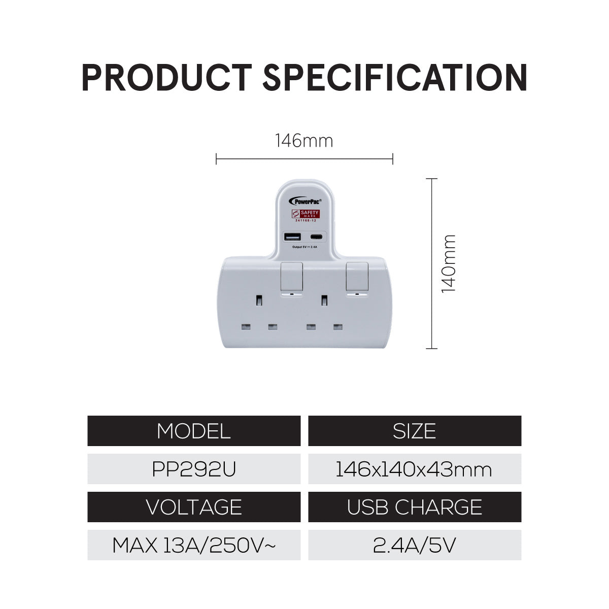 Multi Plug Extension Adapter with 2 Way adapter, USB-A, USB-C, 2 Way Socket Adaptor (PP292U)