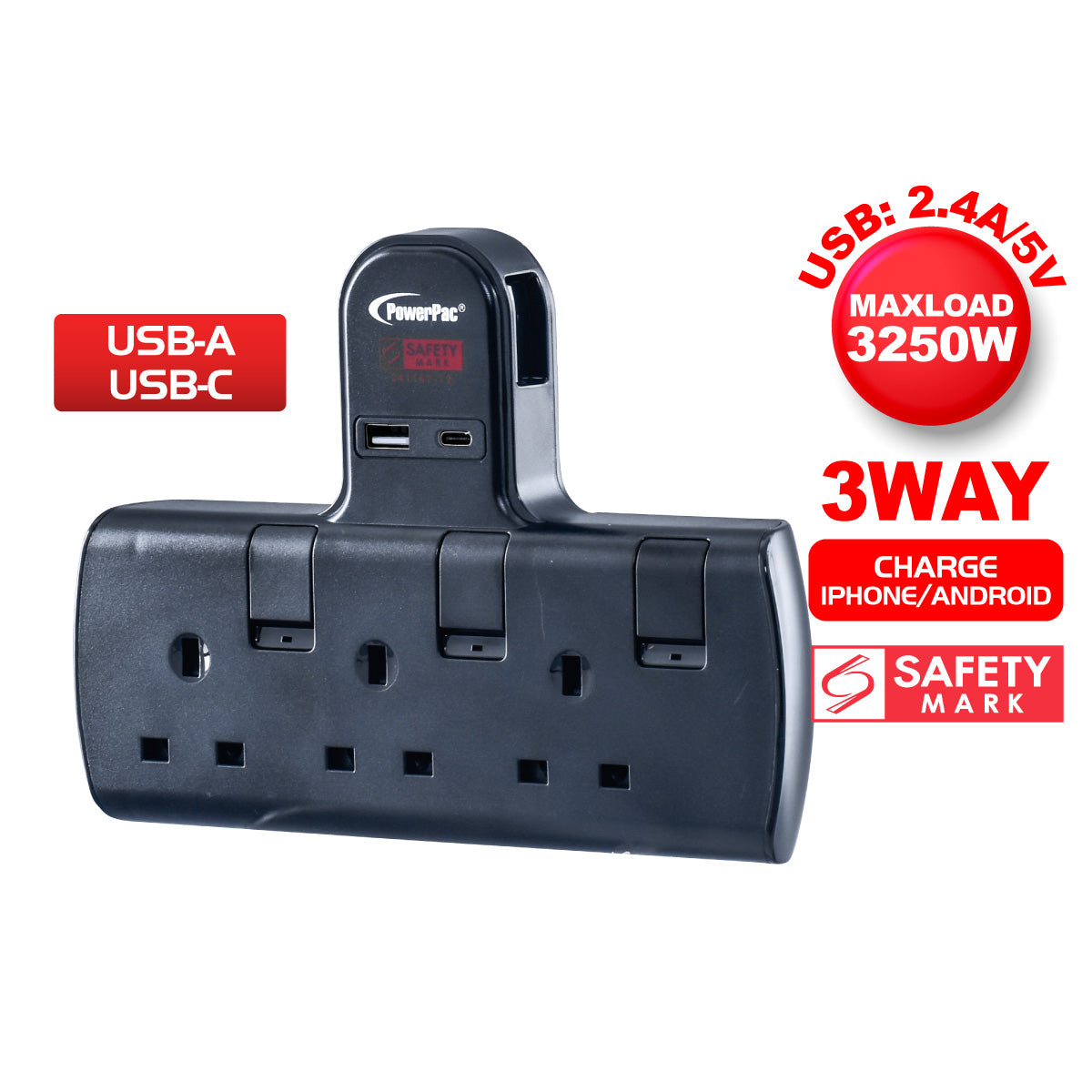 Multi Plug Extension Adapter with 3 Way adapter, USB-A, USB-C, 3 Way Socket Adaptor (PP293UBK)