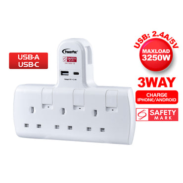 Multi Plug Extension Adapter with 3 Way adapter, USB-A, USB-C, 3 Way Socket Adaptor (PP293U)