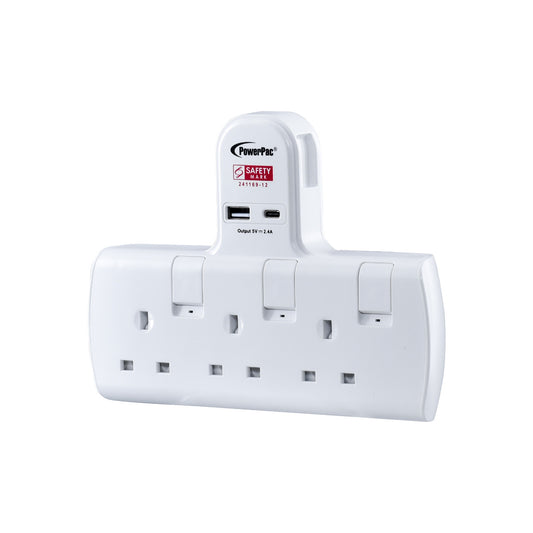 Multi Plug Extension Adapter with 3 Way adapter, USB-A, USB-C, 3 Way Socket Adaptor (PP293U)