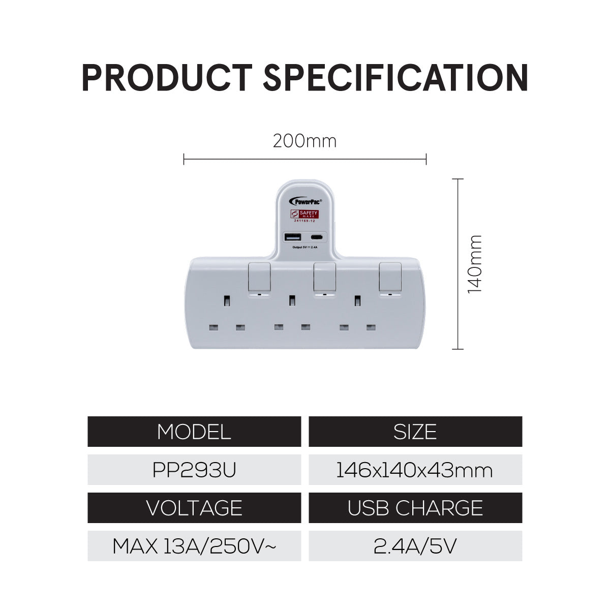 Multi Plug Extension Adapter with 3 Way adapter, USB-A, USB-C, 3 Way Socket Adaptor (PP293U)