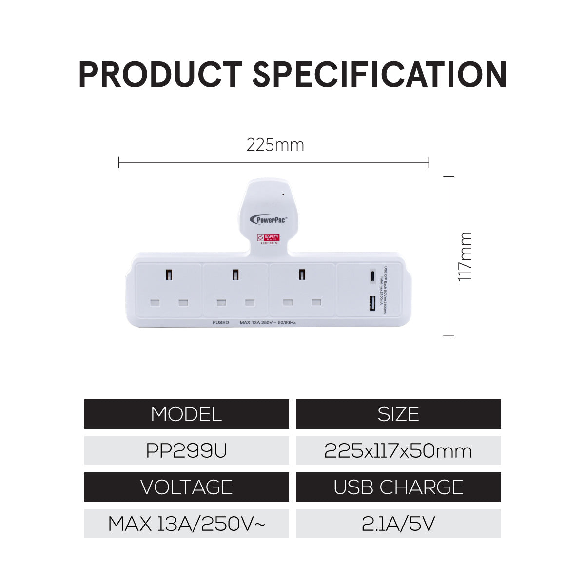Multi Plug Extension Adapter with 3 Way, USB-A, USB-C, Power Extension Socket Adaptor (PP299U)