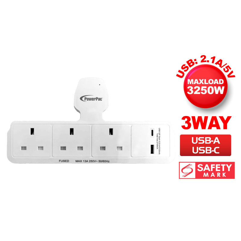 3 Way Adapter for 3 Pin Plug with USB Charger, 1x USB A, 1x USB C (PP299U)