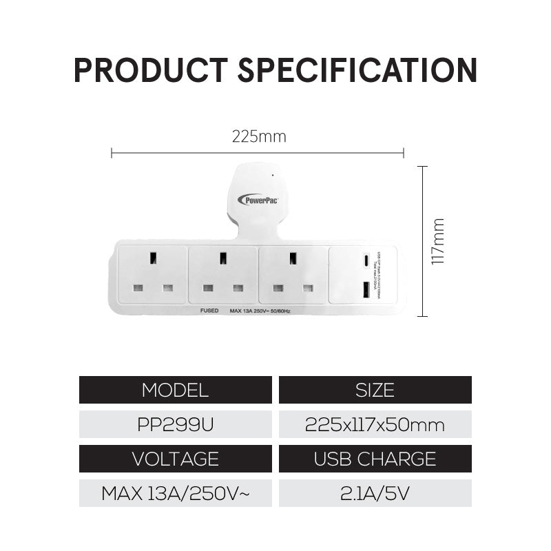 3 Way Adapter for 3 Pin Plug with USB Charger, 1x USB A, 1x USB C (PP299U)